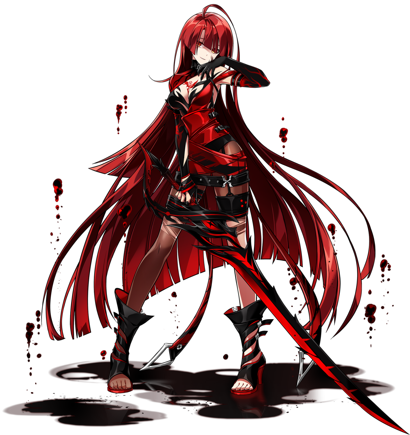 an anime girl with long red hair and a sword in her hand