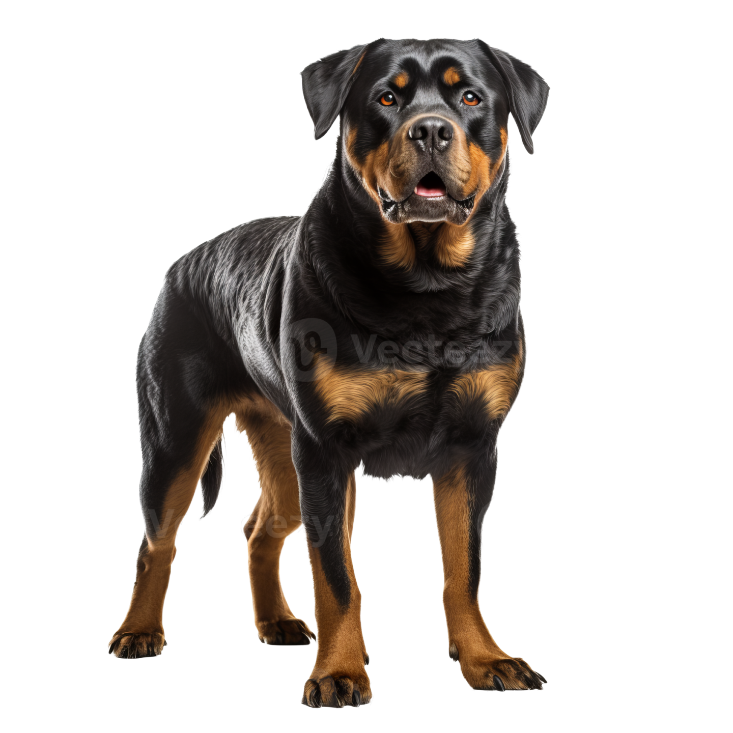 a large black and brown dog standing on a white background