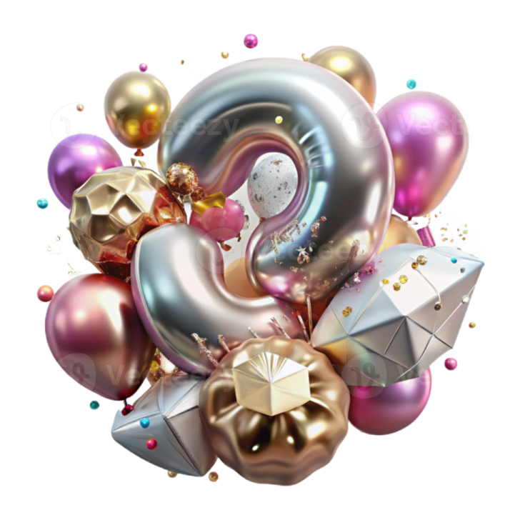 a bunch of helium balloons with gold and silver