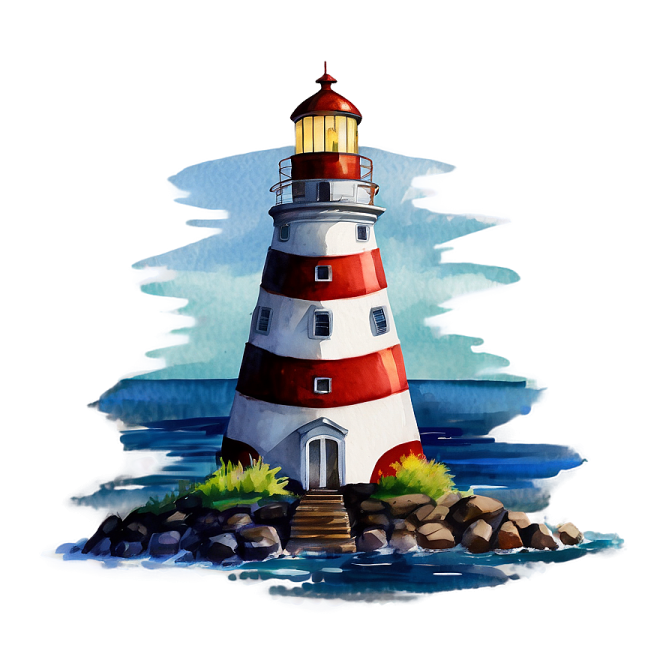 a watercolor painting of a lighthouse in the ocean