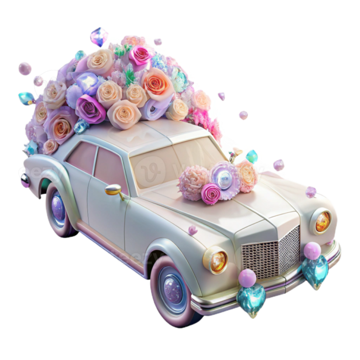 a car decorated with flowers and hearts