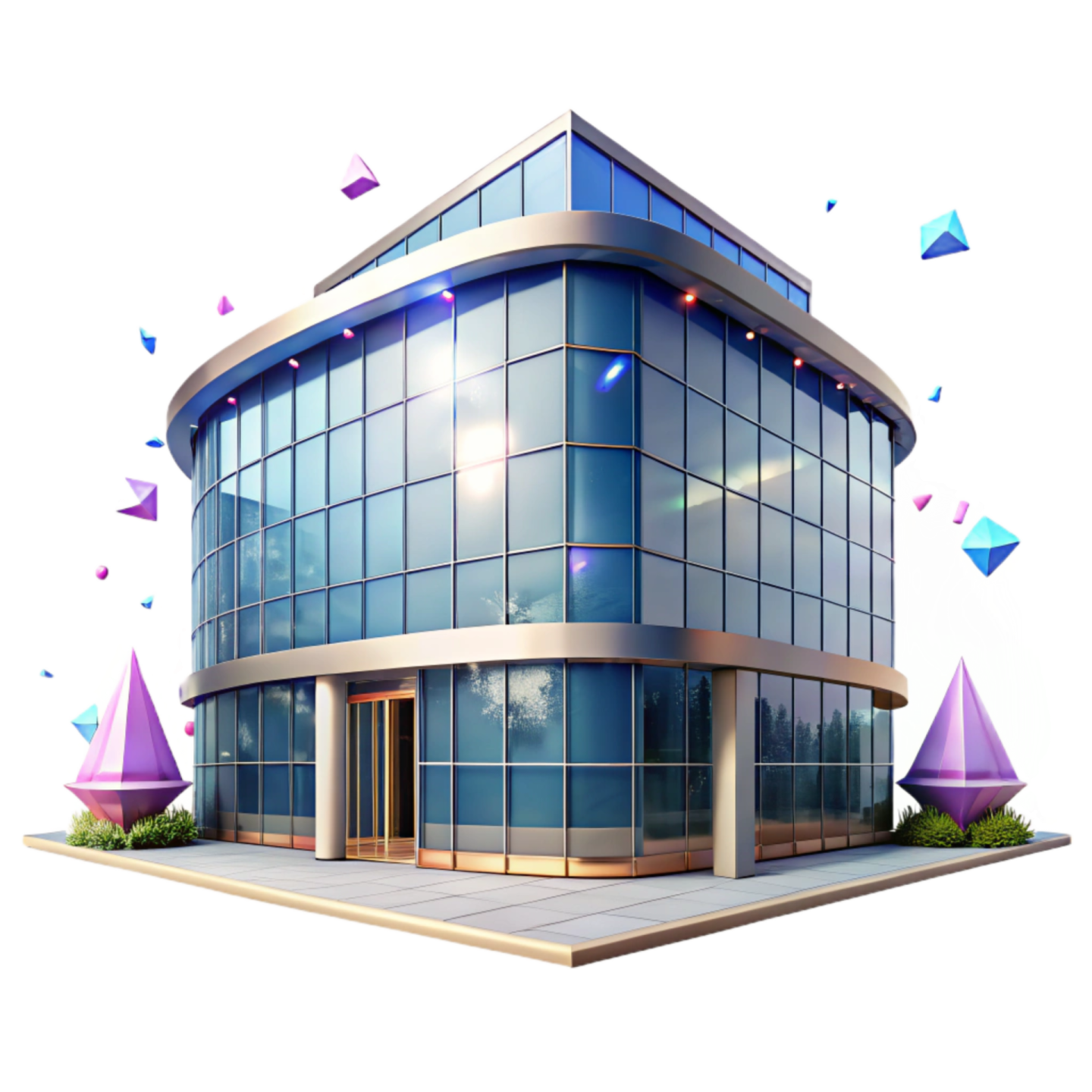 an office building with glass windows and colorful shapes