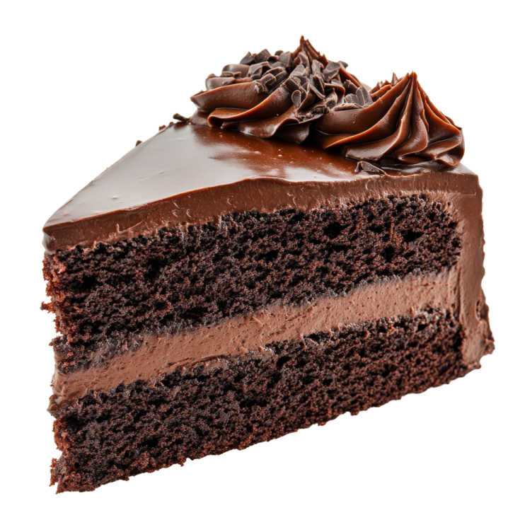 a piece of chocolate cake on a white background