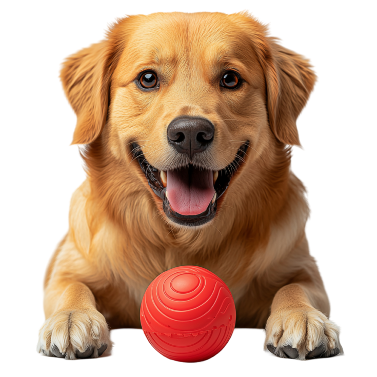 a close up of a dog playing with a ball
