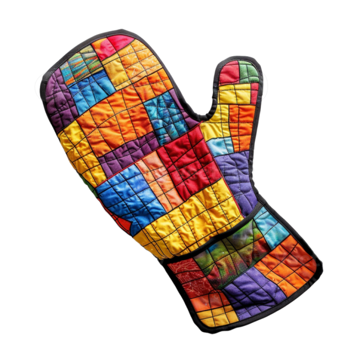 a colorful oven mit on a white background