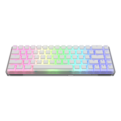 a white keyboard with rainbow keys