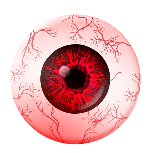 a close up of an eye with red paint on it