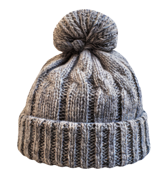 a gray knit hat with a pom on top