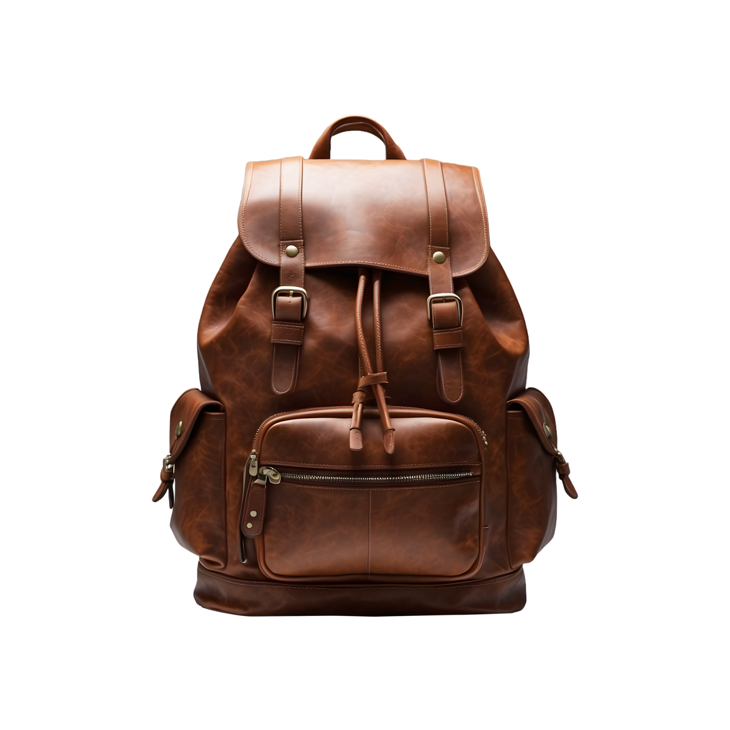 a brown leather backpack on a white background