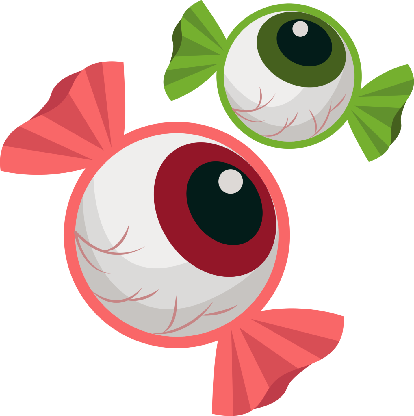 two cartoon eyes with green and red bows