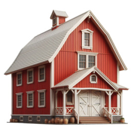 a red barn with a white door and windows