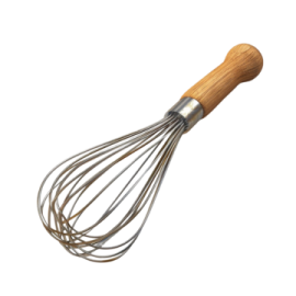 a metal whis with a wooden handle