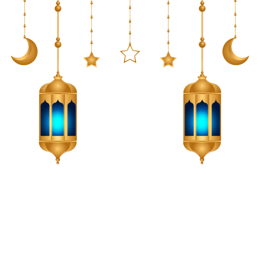 three hanging lanterns with stars and crescents
