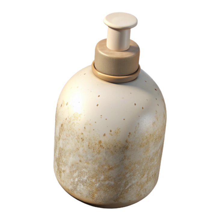 a white bottle with brown spots on it