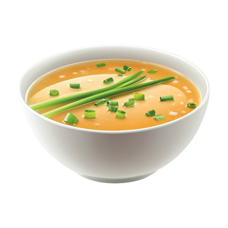 a white bowl filled with soup and green onions