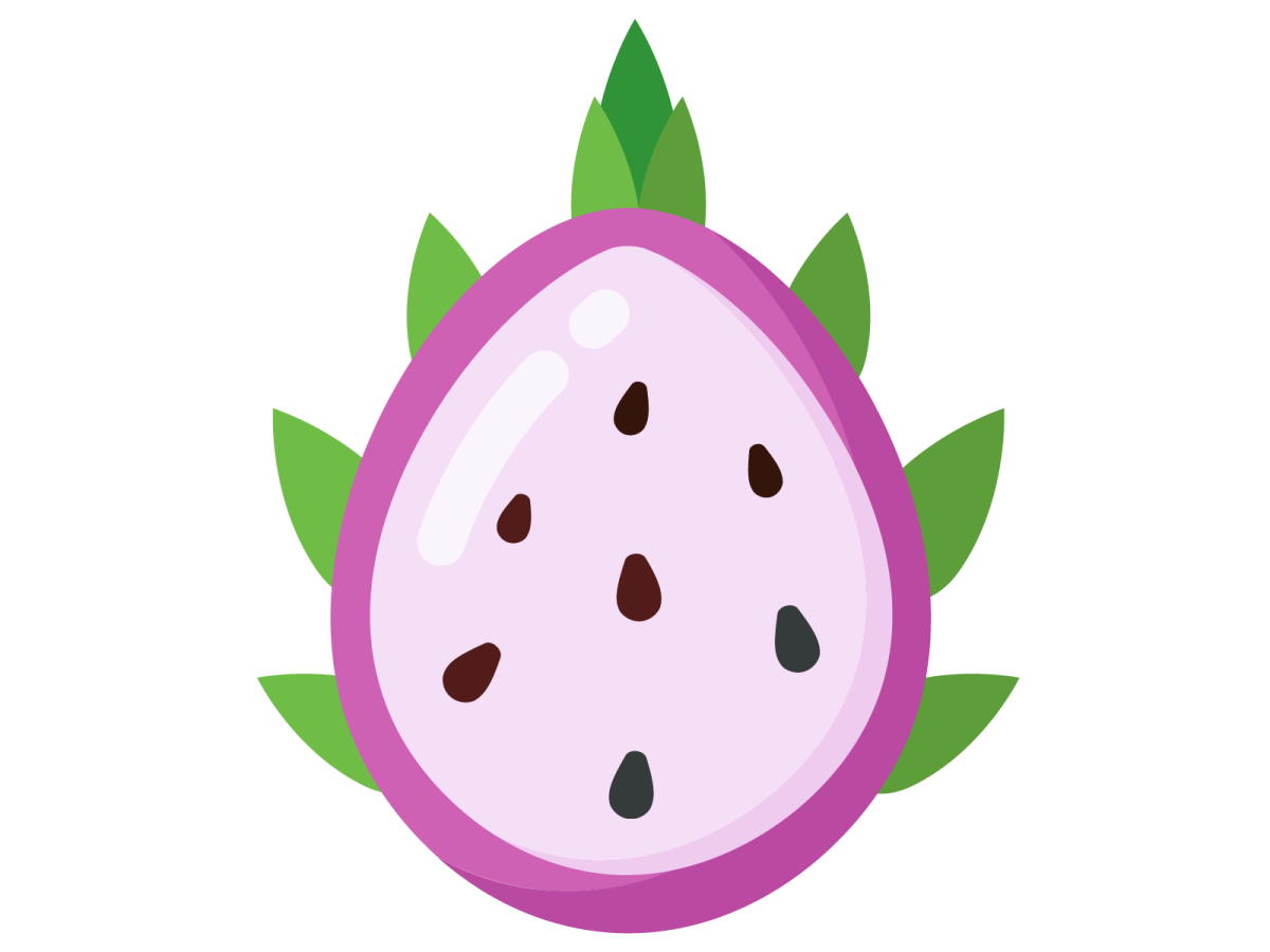 a purple dragon fruit with green leaves on top