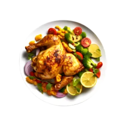 a plate with chicken and vegetables on it
