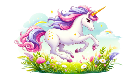 a cartoon unicorn running in the grass