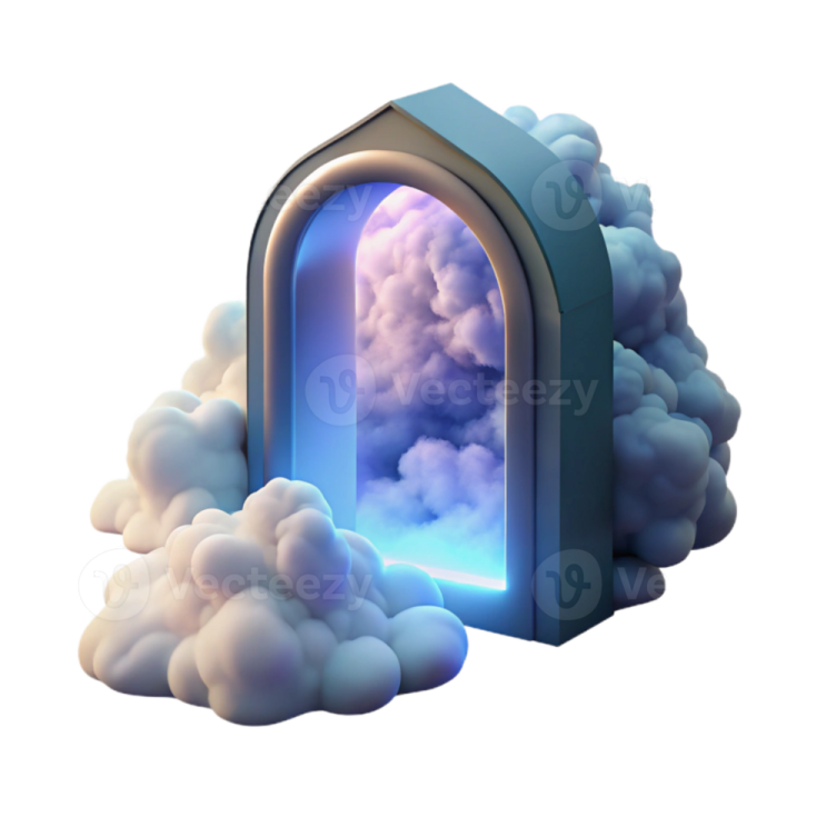 an open door with clouds in the background