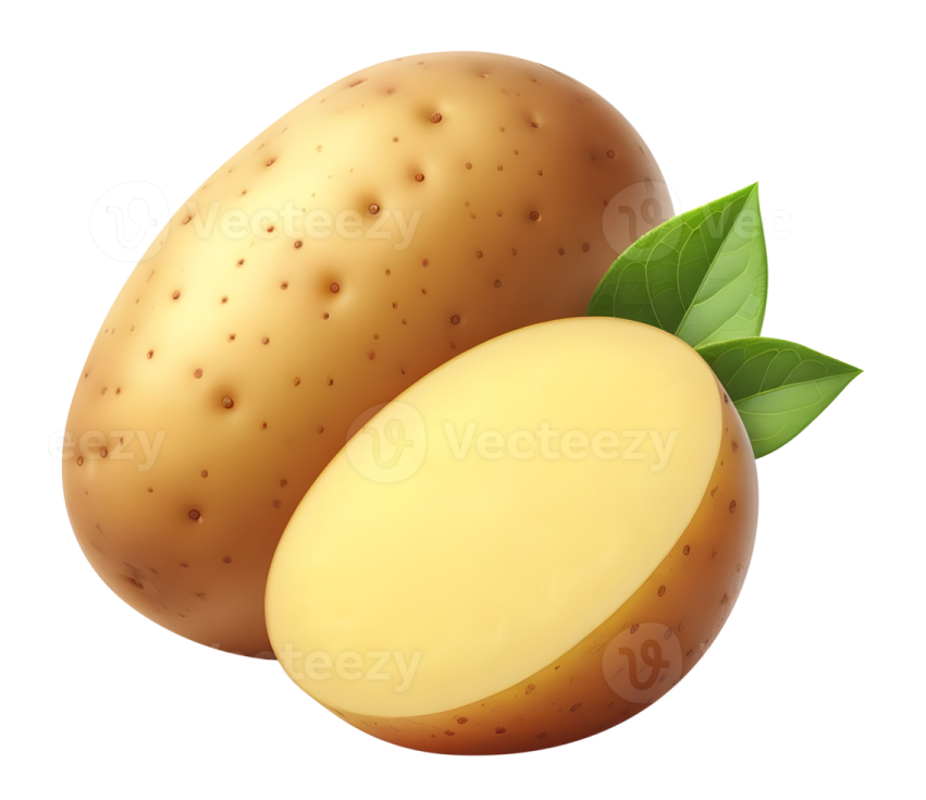 two potatoes with leaves on a white background