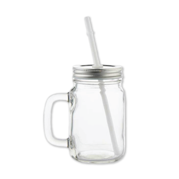 a mason jar with a straw in it