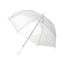 a clear umbrella with a white handle