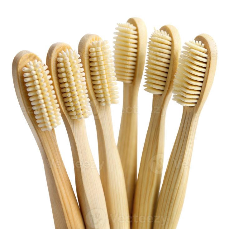 a group of wooden tooth brushes
