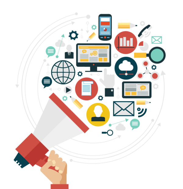 a hand holding a megaphone with icons around it