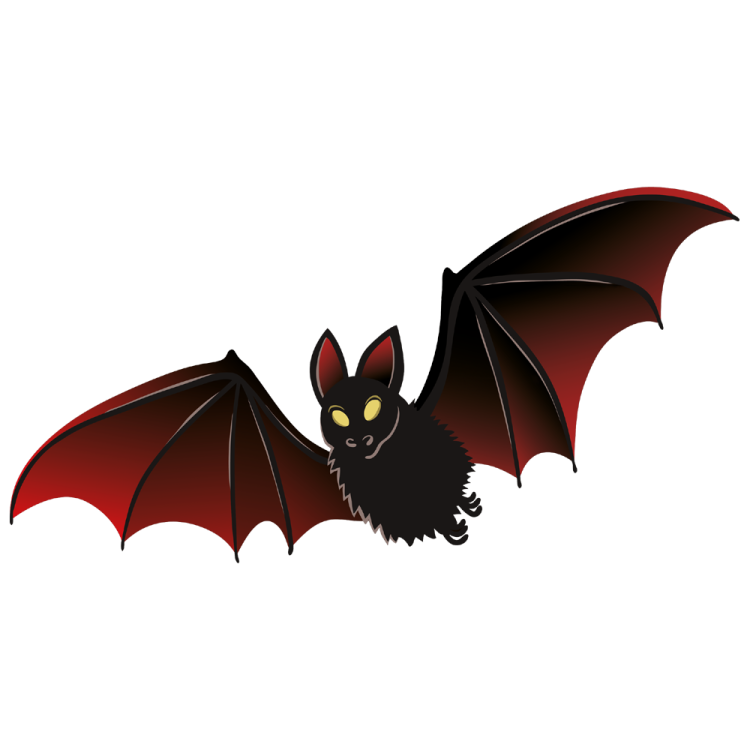 a black and red bat with yellow eyes