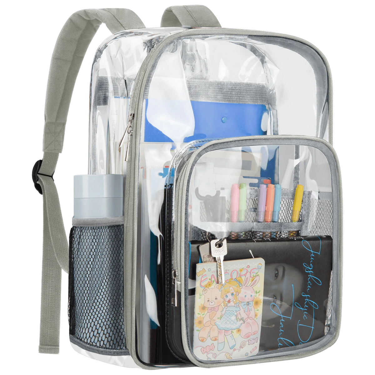 a clear backpack filled with school supplies