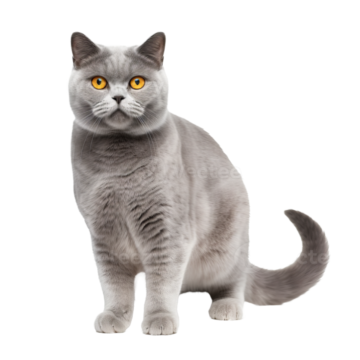 a grey cat with yellow eyes on white background