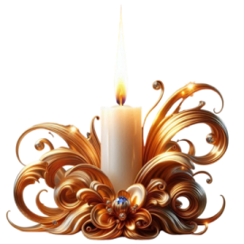 a white candle with gold swirls on it