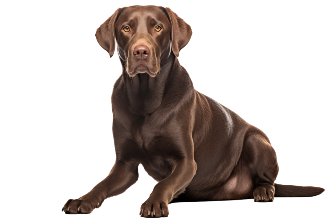 a brown dog sitting down and looking at the camera
