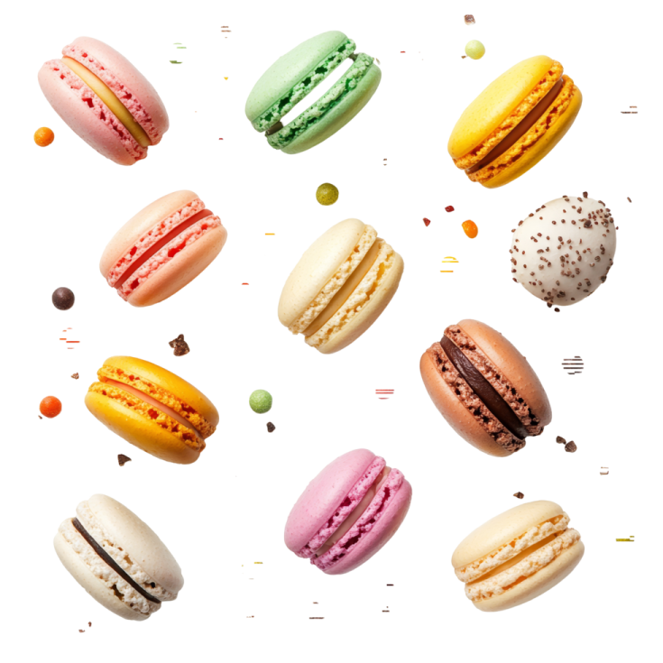 a bunch of colorful macarons on a white background