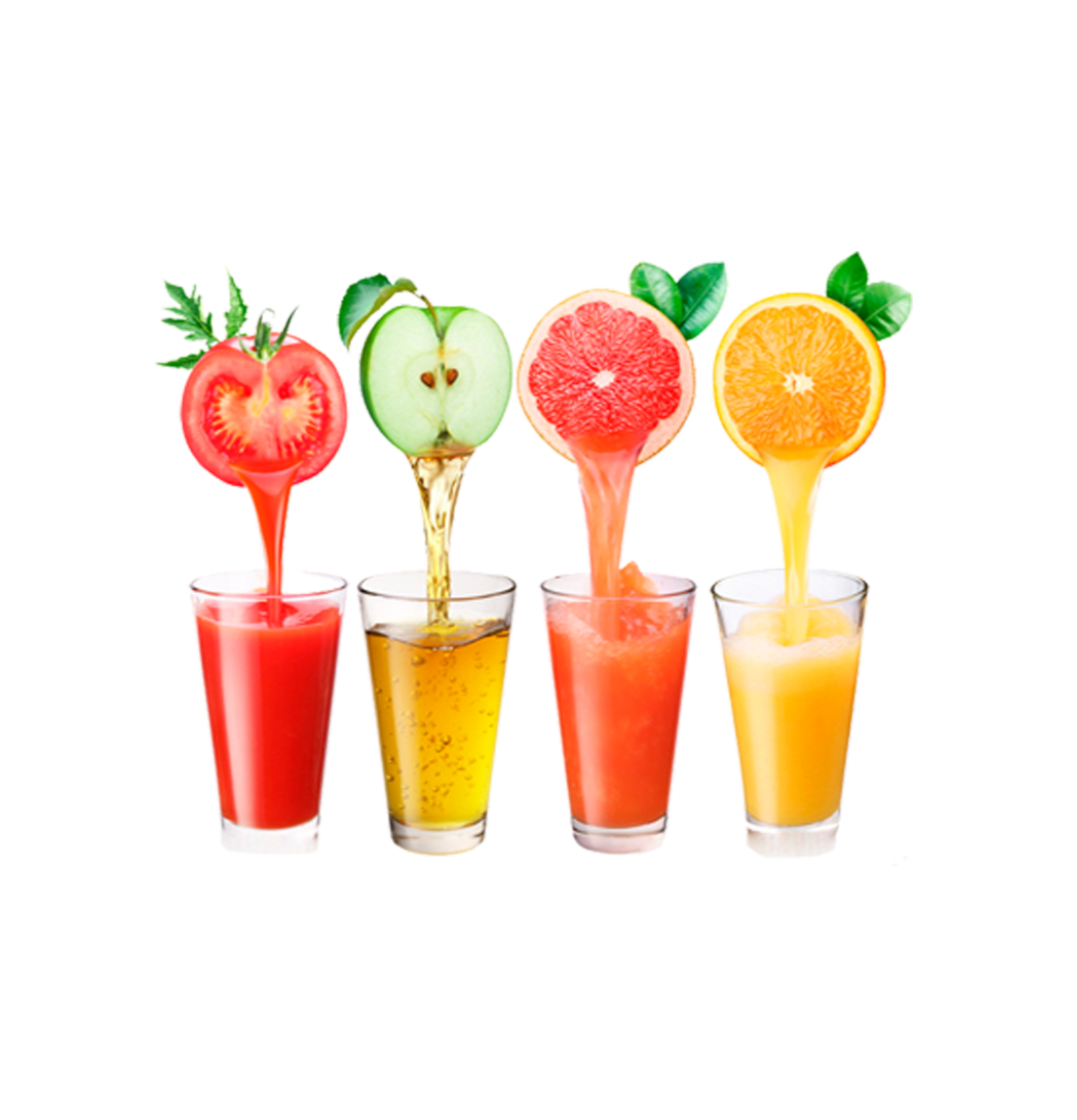 four glasses filled with different fruits and juices
