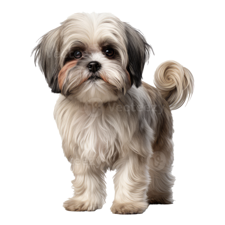 a small white and black dog standing on a white background