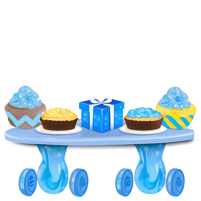 a blue table with cupcakes and cakes on it