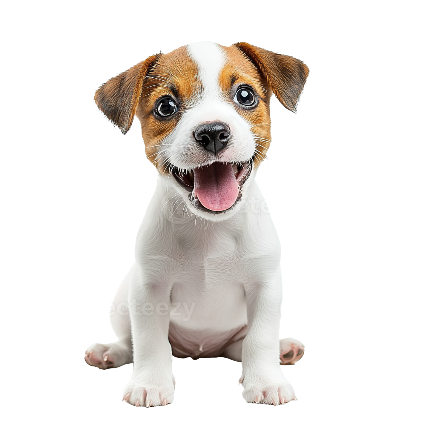 a small white and brown dog with its tongue out