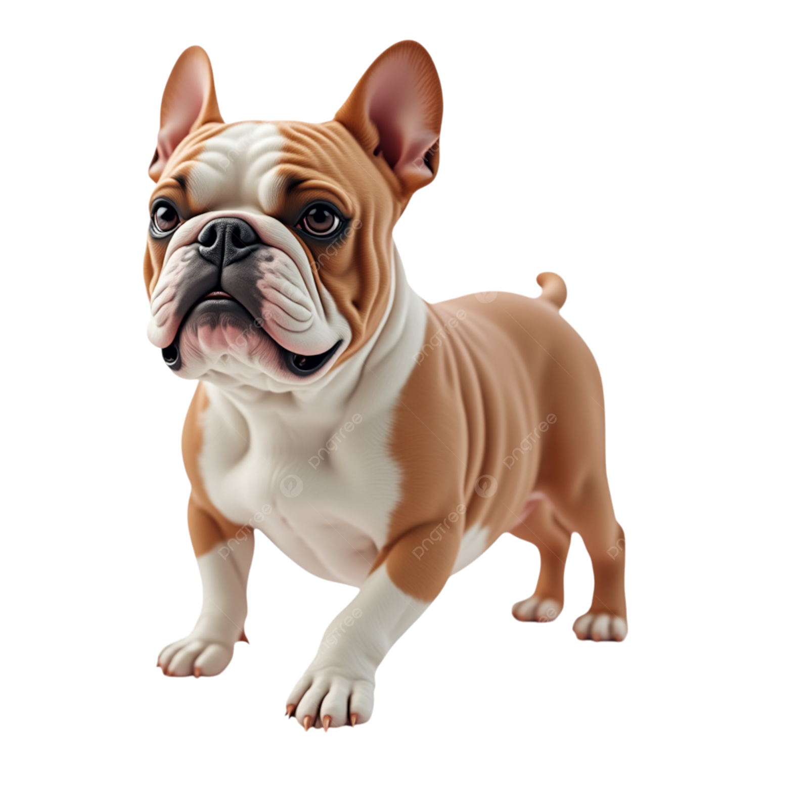 a brown and white french bulldog standing on a white background