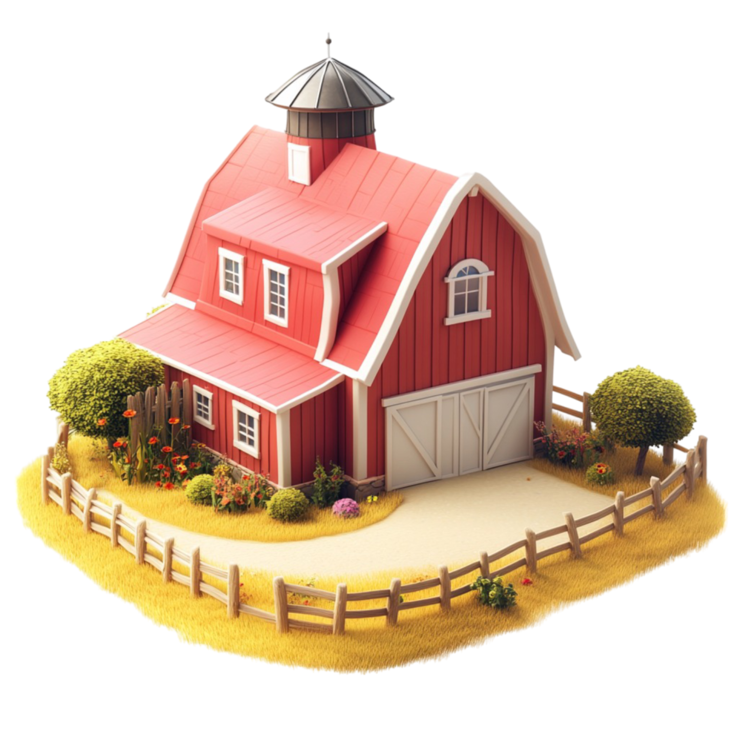 a small red barn with a white roof