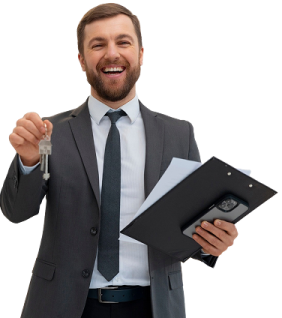 a man in a suit and tie holding a clipboard