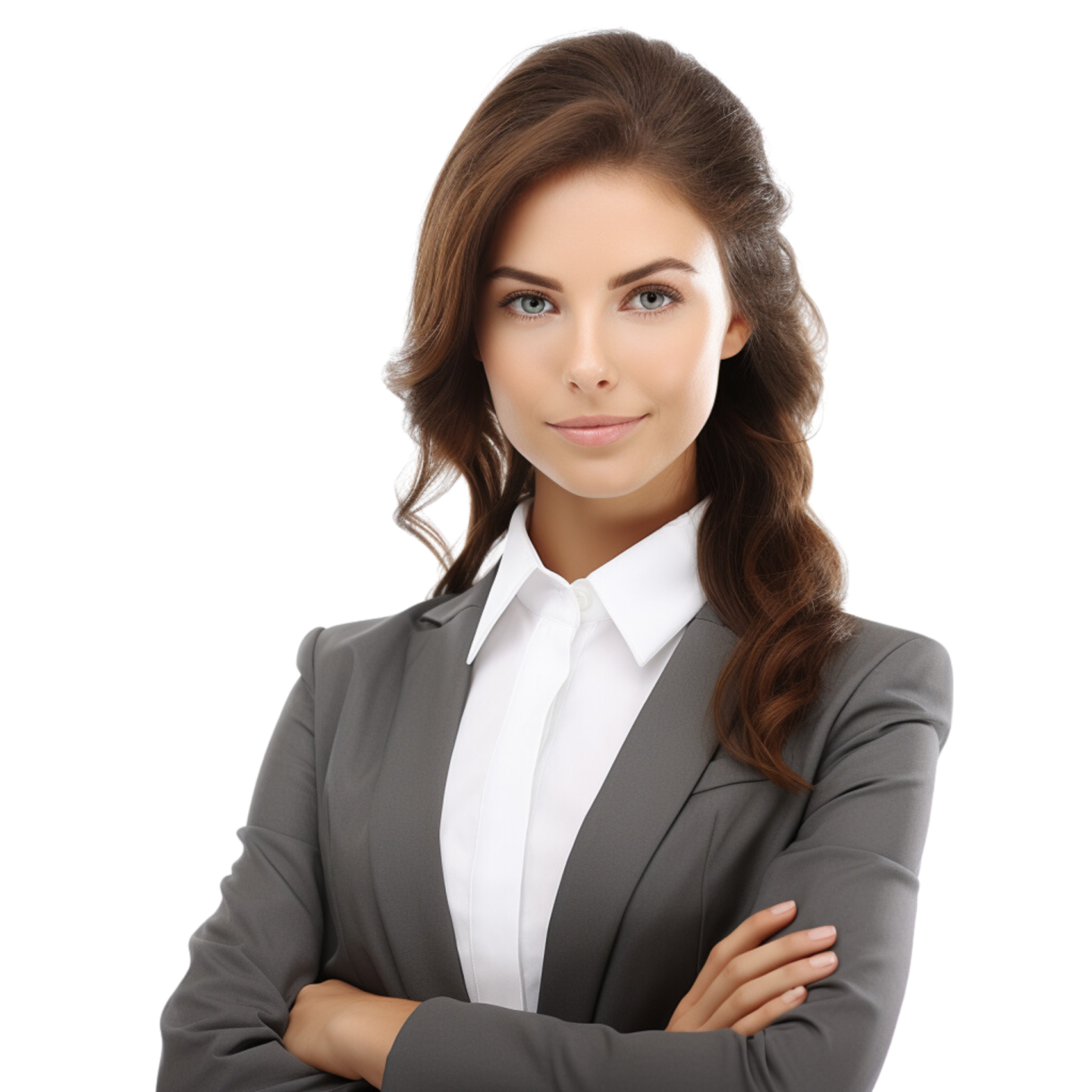 a woman in a business suit with her arms crossed