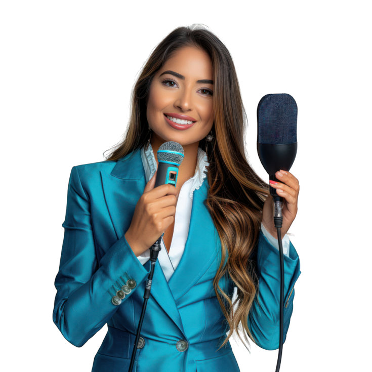 a woman in a suit holding a microphone