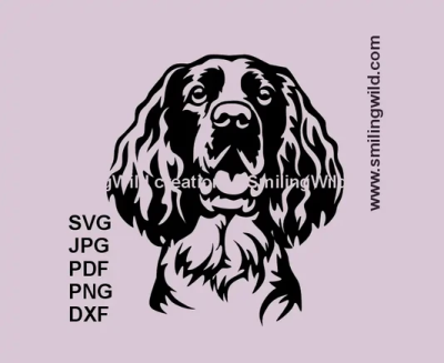 a black and white dog head on a pink background