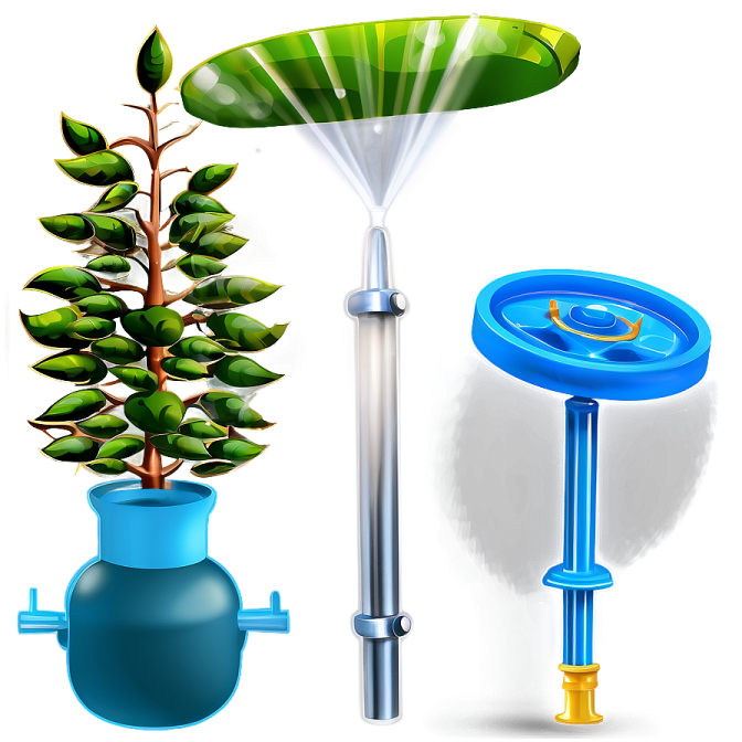 a blue watering hose next to a green plant