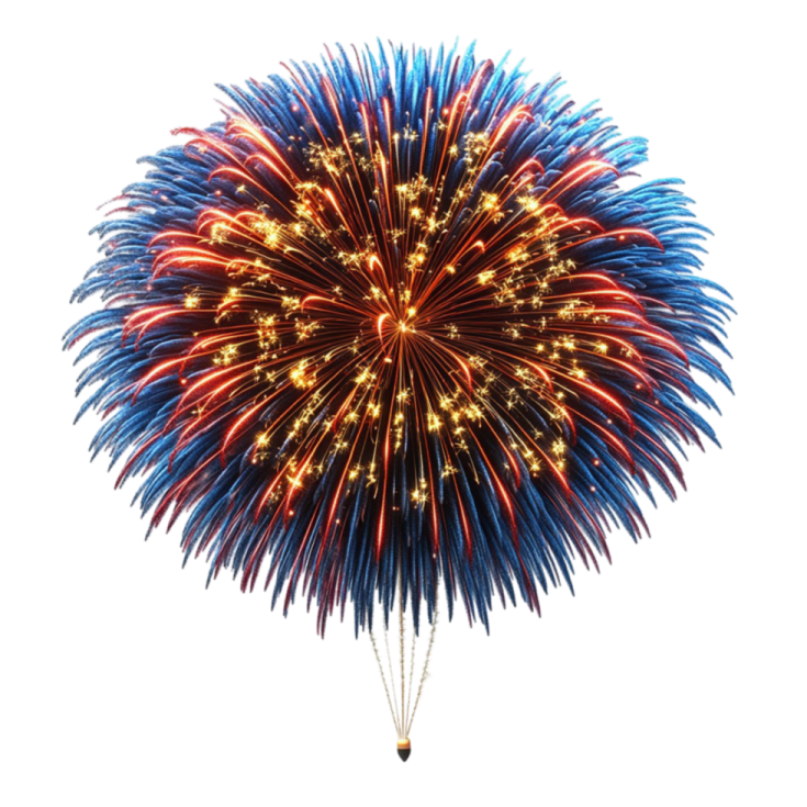 red, white and blue fireworks on a white background