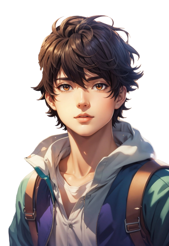 an anime boy with brown hair and a blue hoodie
