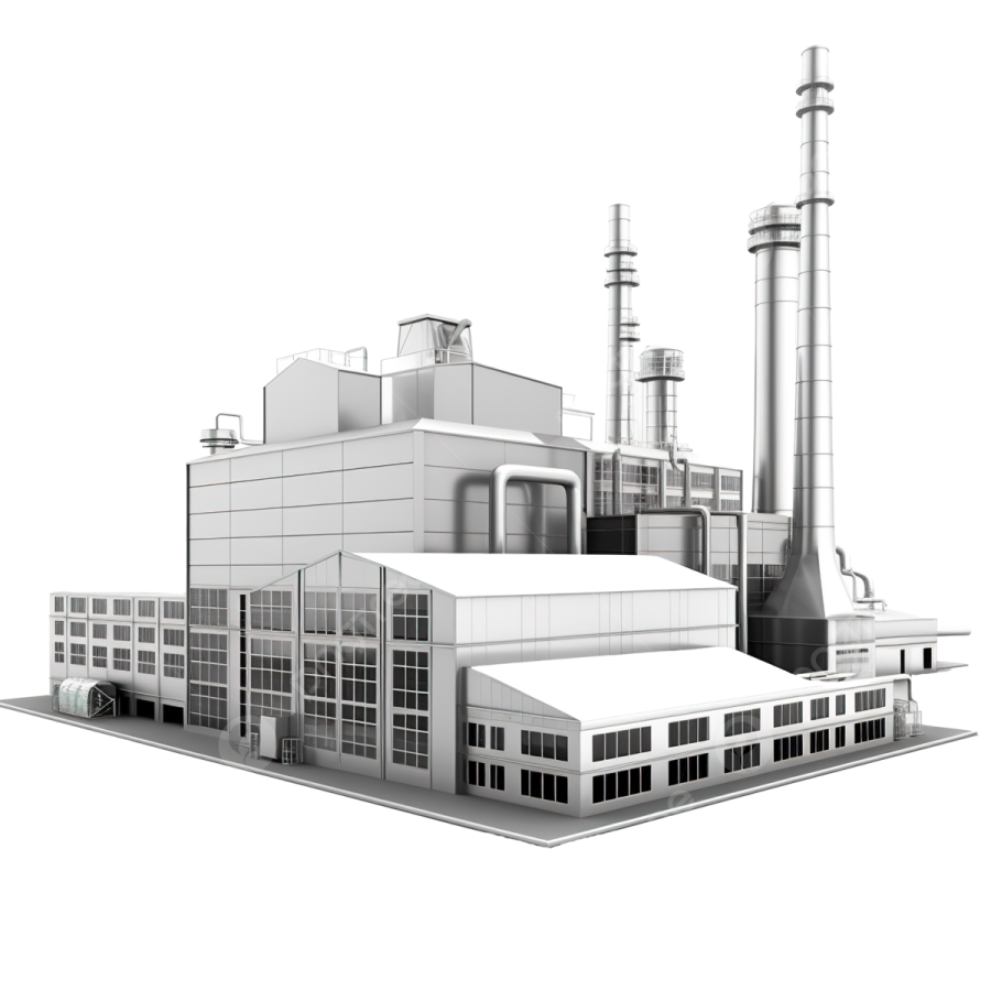 an industrial factory building on a white background