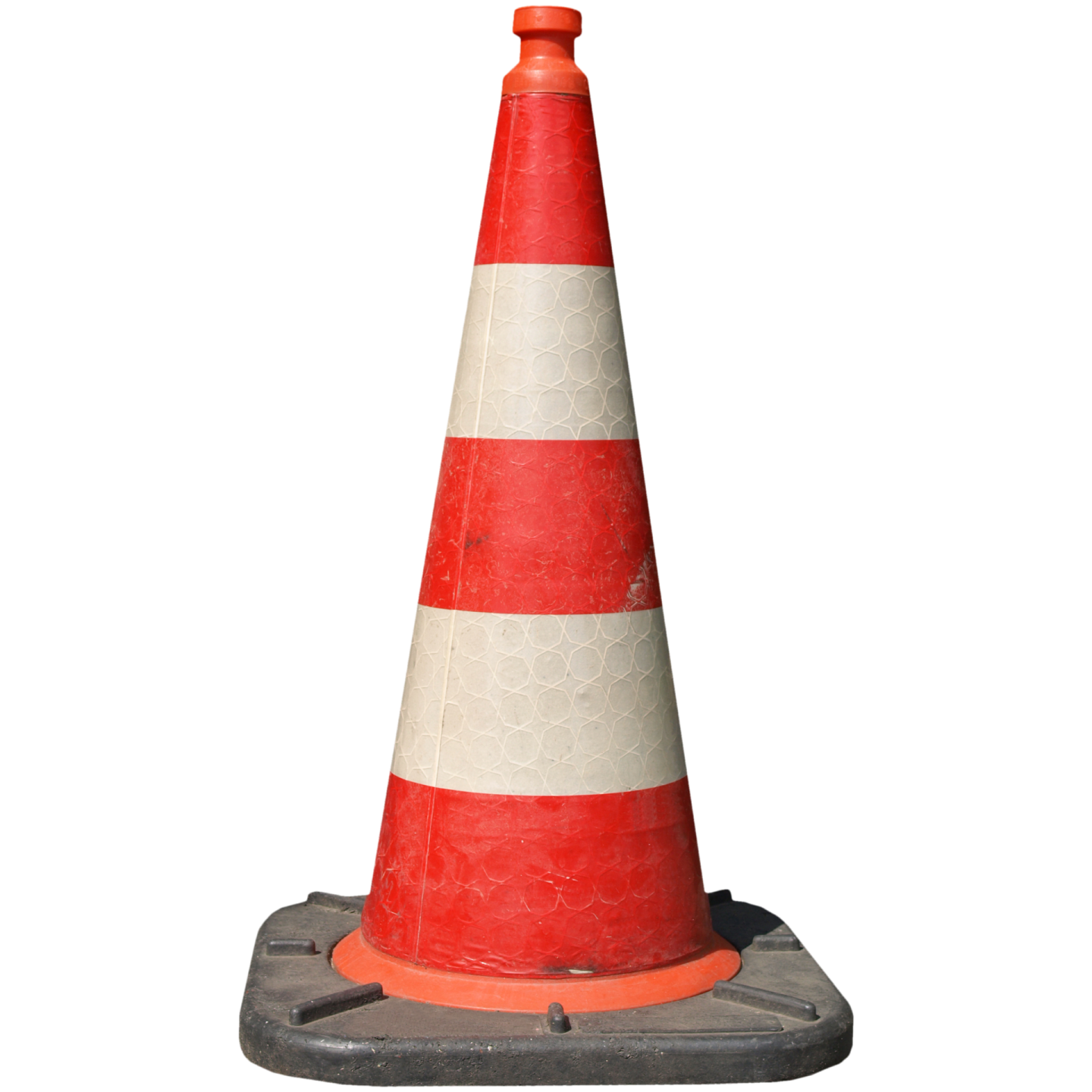 a red and white traffic cone on a white background