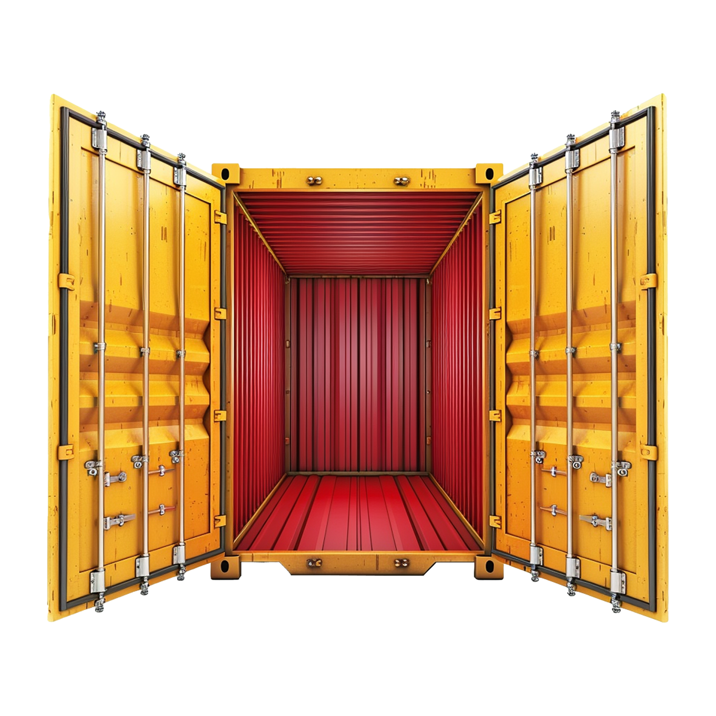 a red and yellow shipping container with open doors